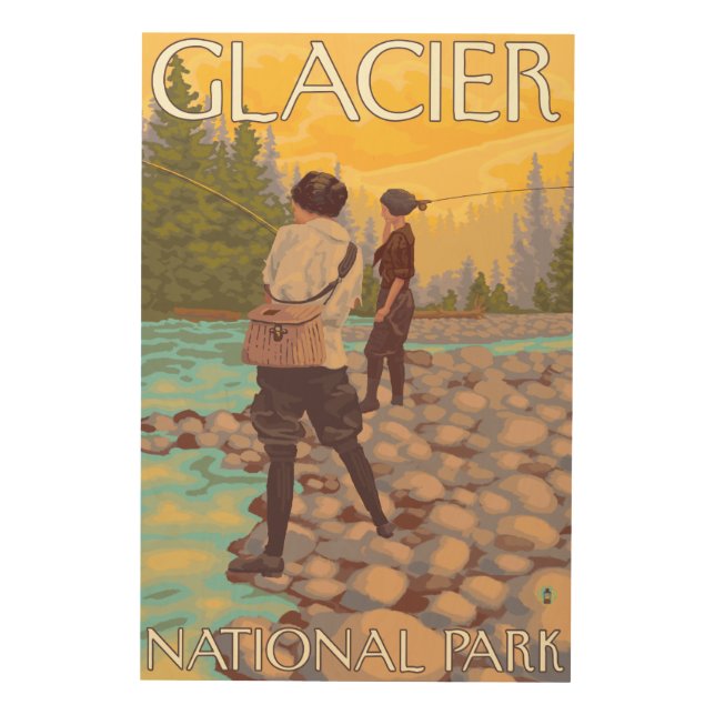 Women Fly Fishing - Glacier National Park, MT Wood Wall Art (Front)