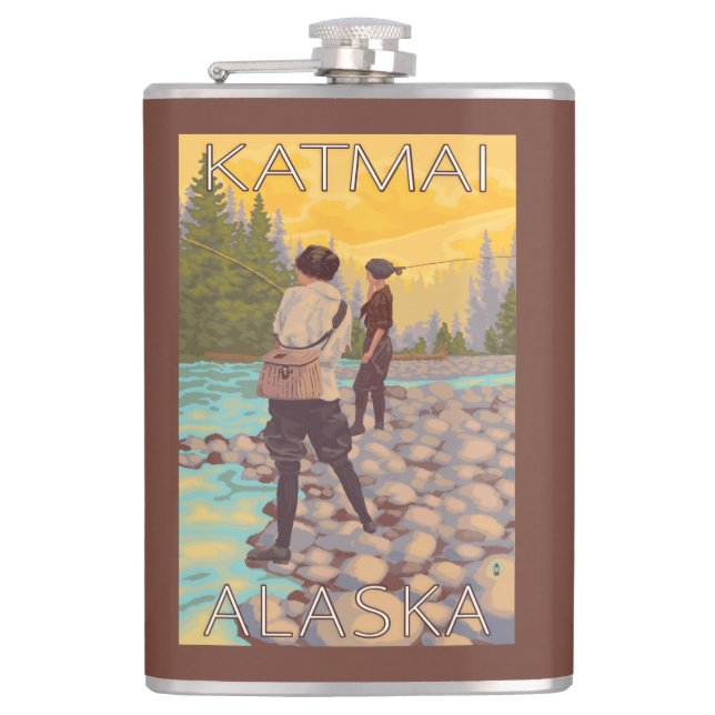 Women Fly Fishing - Katmai, Alaska Hip Flask (Front)