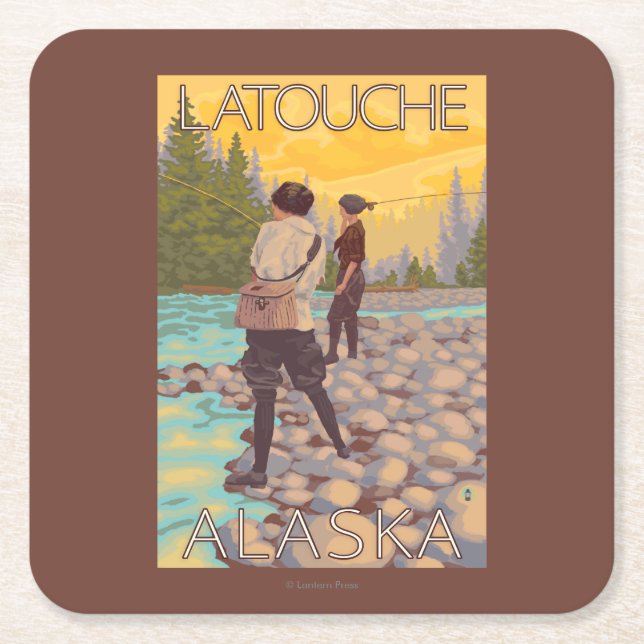 Women Fly Fishing - Latouche, Alaska Square Paper Coaster (Front)