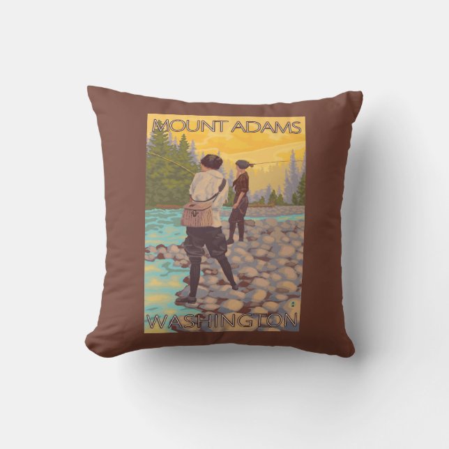 Women Fly Fishing - Mount Adams, Washington Throw Pillow (Front)