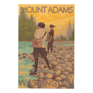 Women Fly Fishing - Mount Adams, Washington Wood Wall Art