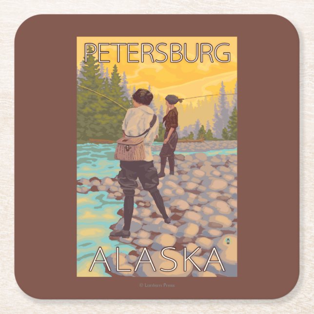 Women Fly Fishing - Petersburg, Alaska Square Paper Coaster (Front)