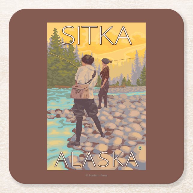 Women Fly Fishing - Sitka, Alaska Square Paper Coaster (Front)