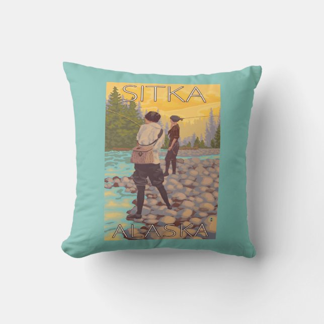 Women Fly Fishing - Sitka, Alaska Throw Pillow (Front)
