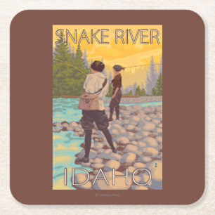 Women Fly Fishing - Snake River, Idaho Square Paper Coaster