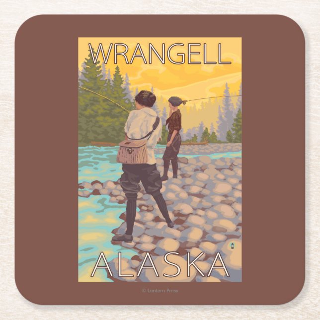 Women Fly Fishing - Wrangell, Alaska Square Paper Coaster (Front)