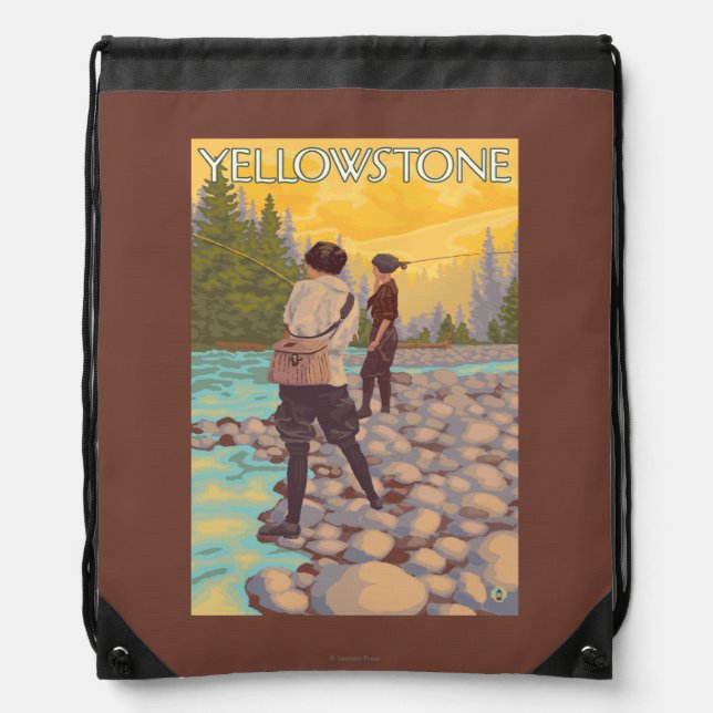 Women Fly Fishing - Yellowstone National Park Drawstring Bag (Front)