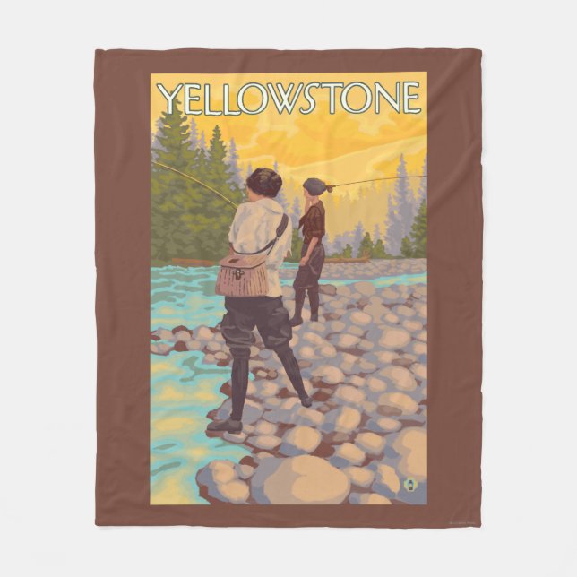 Women Fly Fishing - Yellowstone National Park Fleece Blanket (Front)