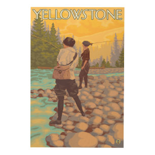 Women Fly Fishing - Yellowstone National Park Wood Wall Art