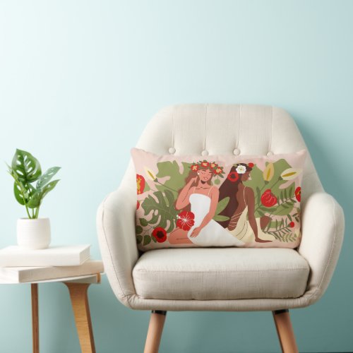 Women Friends Sisters Red Flowers  Tropical Leaf Lumbar Pillow