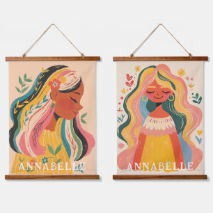 Women Girls  Boho Floral Illustration First Name Hanging Tapestry