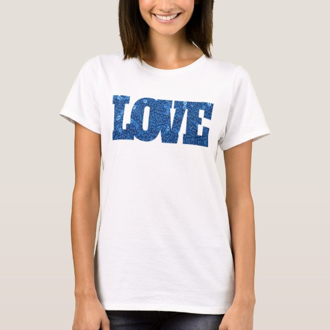 Women Girls LOVE Blue Sequins T-Shirt (Front)