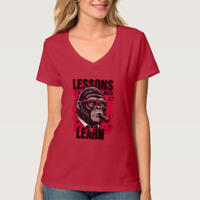 Women Gorilla Boss Lessons Learn V Neck T Shirt  (Front)