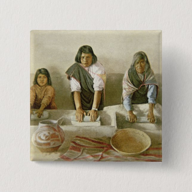 Women Grinding Corn, Pueblo of Laguna, c.1905 (col Pinback Button (Front)
