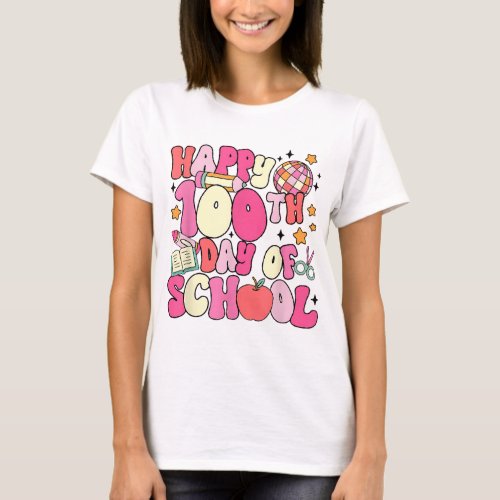 Women Groovy Happy 100 Days Of School Teacher Disc T_Shirt