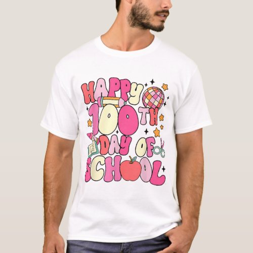 Women Groovy Happy 100 Days Of School Teacher Disc T_Shirt