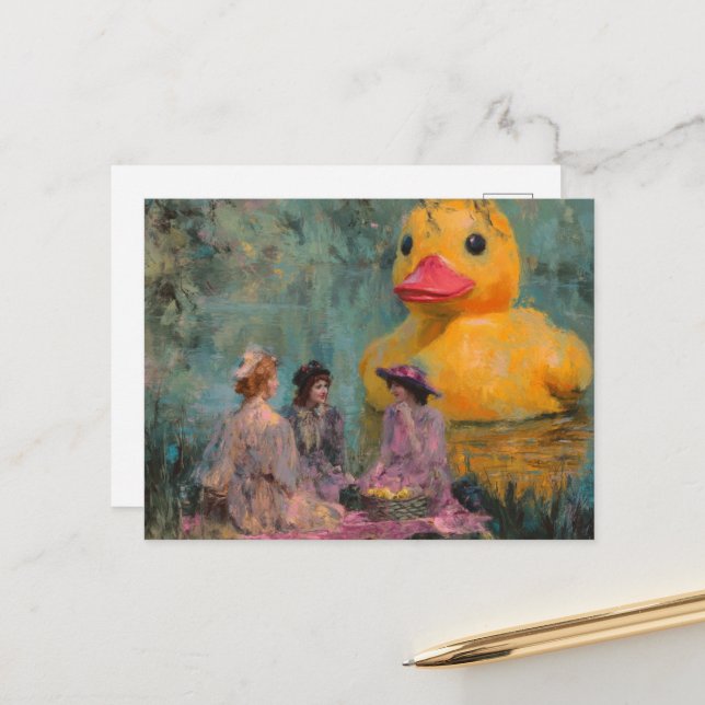 Women Have a Picnic With the Giant Duck Postcard (Front/Back In Situ)