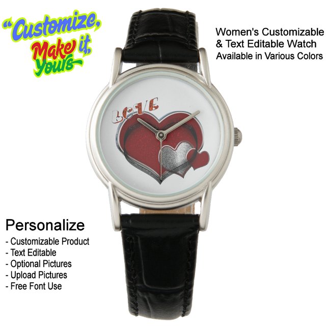 Women Heart Magic Classic Black Leather Watch  (Heart Magic Classic Black Women's Leather Watch White Face - Customizable & Text Editable.)