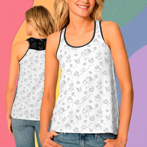 Women Hearts and Butterfly One_Line Art Patterned  Tank Top