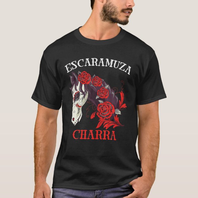 Women Horse Sugar Skull Red Roses Escaramuza Charr T-Shirt (Front)