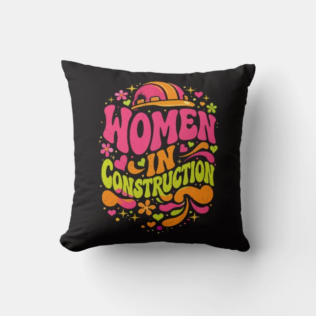 Women In Construction Retro Empowerment Throw Pillow (Front)