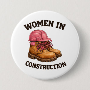 Women in Construction Work Boots and Hard Hat Button