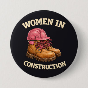 Women in Construction Work Boots and Hard Hat Button