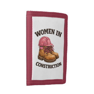 Women in Construction Work Boots and Hard Hat Trifold Wallet
