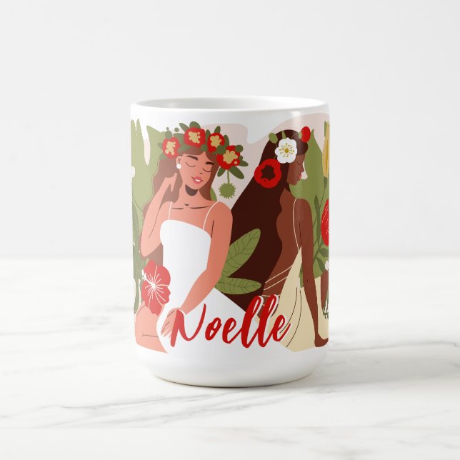 Women in Garden, Red Flowers Green Foliage Coffee Mug (Center)