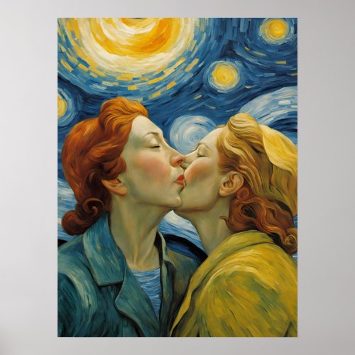 Women in Love Kissing Starry Night Poster