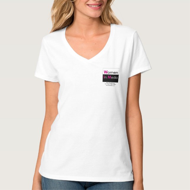 Women In Media V Neck Tee Shirt White small logo (Front)