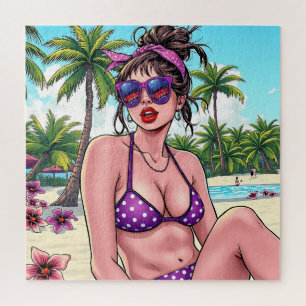 Women in Purple Bikini and Bandanna at Beach Jigsaw Puzzle