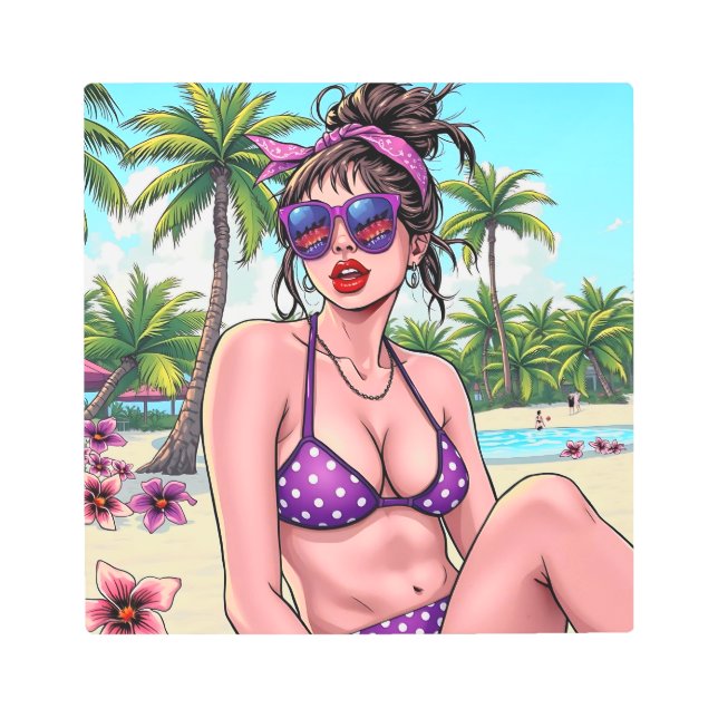 Women in Purple Bikini and Bandanna at Beach  Metal Print (Front)