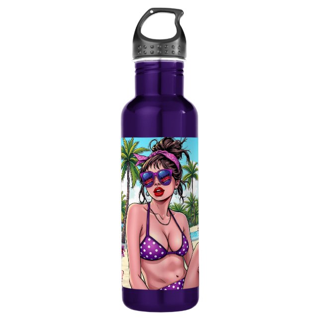 Women in Purple Bikini and Bandanna at Beach  Stainless Steel Water Bottle (Front)