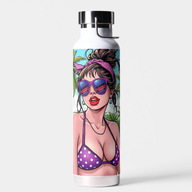 Women in Purple Bikini and Bandanna at Beach  Water Bottle (Left)