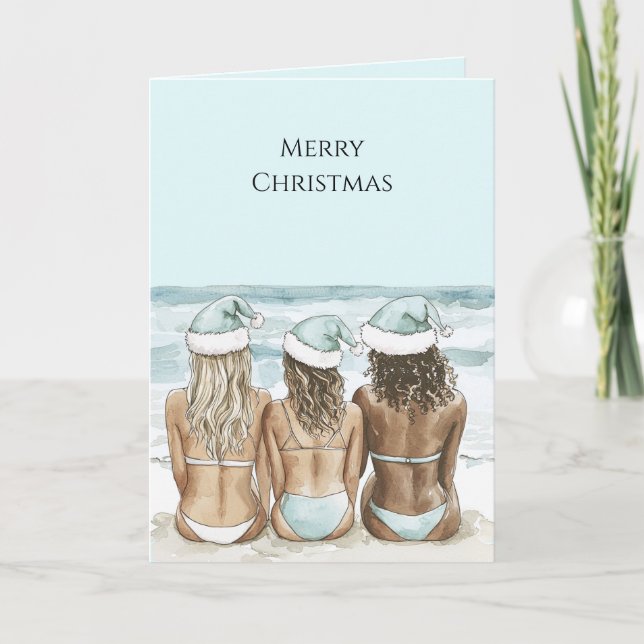 Women in Santa Hats on Beach Christmas Card (Front)
