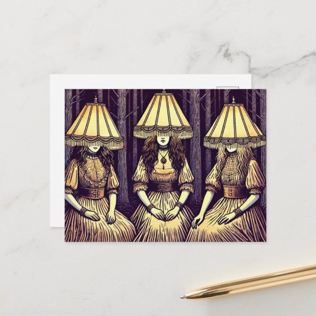 Women in the Forest With Lampshade Hats Postcard (Front/Back In Situ)