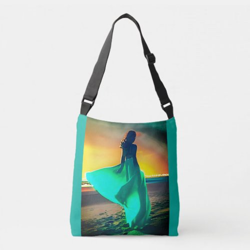 Women in Turquoise Blue on a Night Beach Crossbody Bag