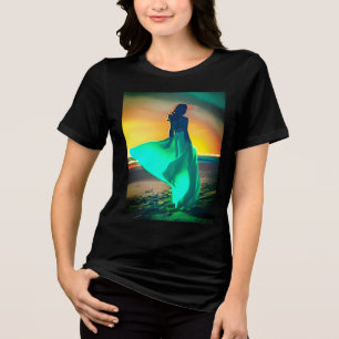 Women in Turquoise Blue on a Night Beach Tri-Blend Shirt
