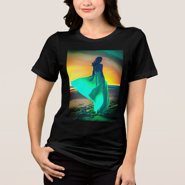Women in Turquoise Blue on a Night Beach Tri-Blend Shirt (Front)