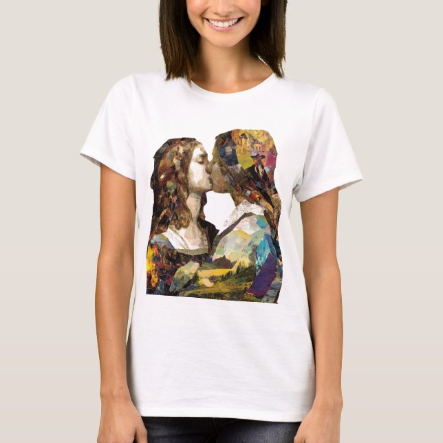 Women Kissing Mixed Media Collage T-Shirt (Front)
