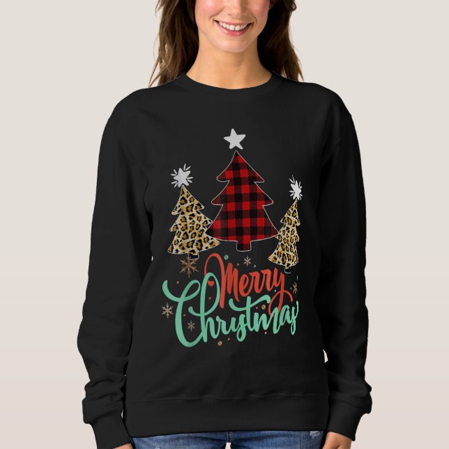 Women Leopard Plaid Christmas Tree Merry Christmas Sweatshirt (Front)