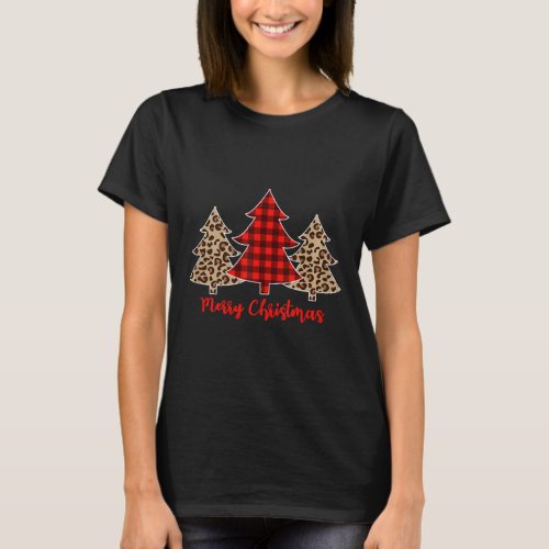 Women Leopard Plaid Christmas Tree Merry Christmas T_Shirt