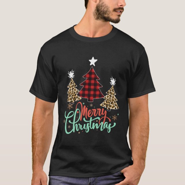 Women Leopard Plaid Christmas Tree Merry Christmas T-Shirt (Front)