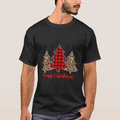 Women Leopard Plaid Christmas Tree Merry Christmas T_Shirt