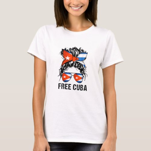 Women Messy Bun Hair Free Cuba Flag T_Shirt