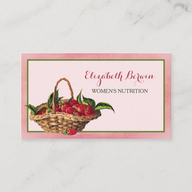 Women Nutrition Girly Pink Strawberries QR Code Business Card (Front)