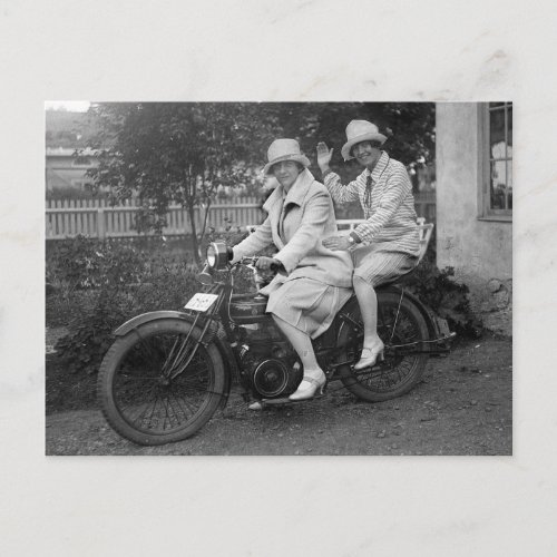 Women on Early  Motorcycle vintage BW photo Postcard