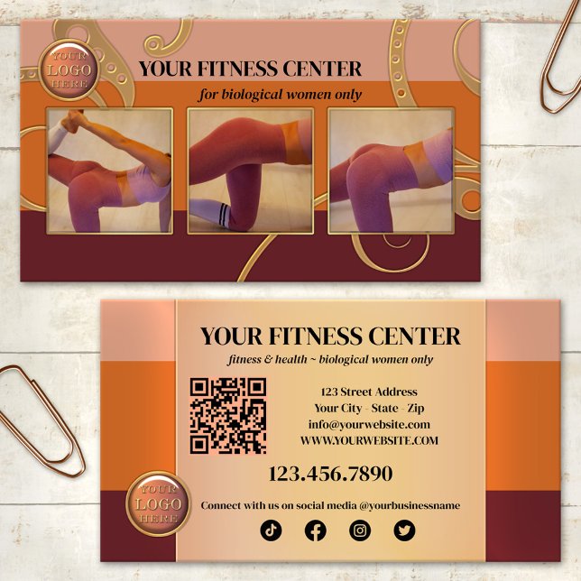 Women Only Female Fitness Center Business Card (Business card in warm earth tones with your photos, QR code, logo and social media icons)
