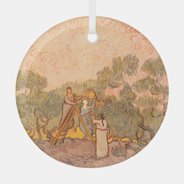 Women Picking Olives by van Gogh: Glass Ornament (Front)